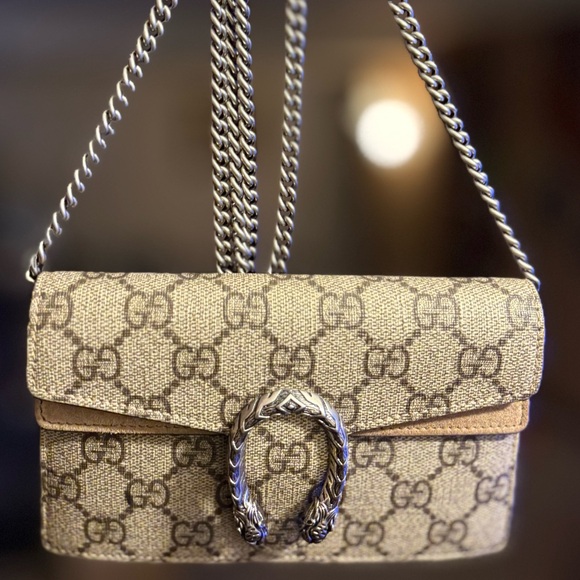 ✨ PRISTINE ✨ Gucci Dionysus Super Mini Bag GG Supreme Canvas Taupe Suede w Chain - Picture 2 of 10